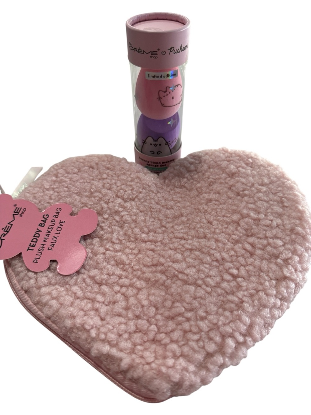 The Crème Limited Edition Pusheen Duo Makeup Sponges and Teddy Bear Makeup Bag.